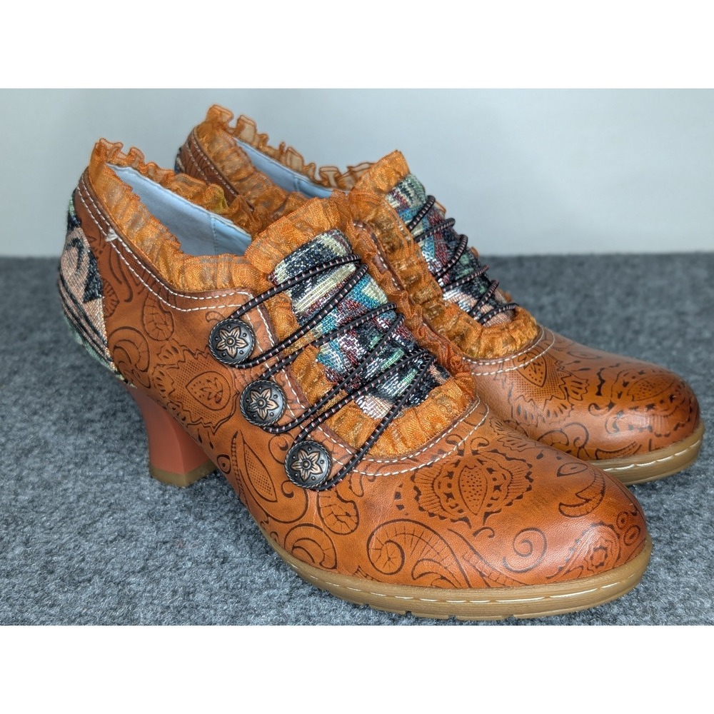 SOCOFY Pumps (36/6) Fancy Orange Tooled Leather Lace Jacquard Mid Heel Halloween